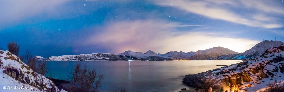 Wide Angle Night View of a Far Island from Sommaroy,Norway